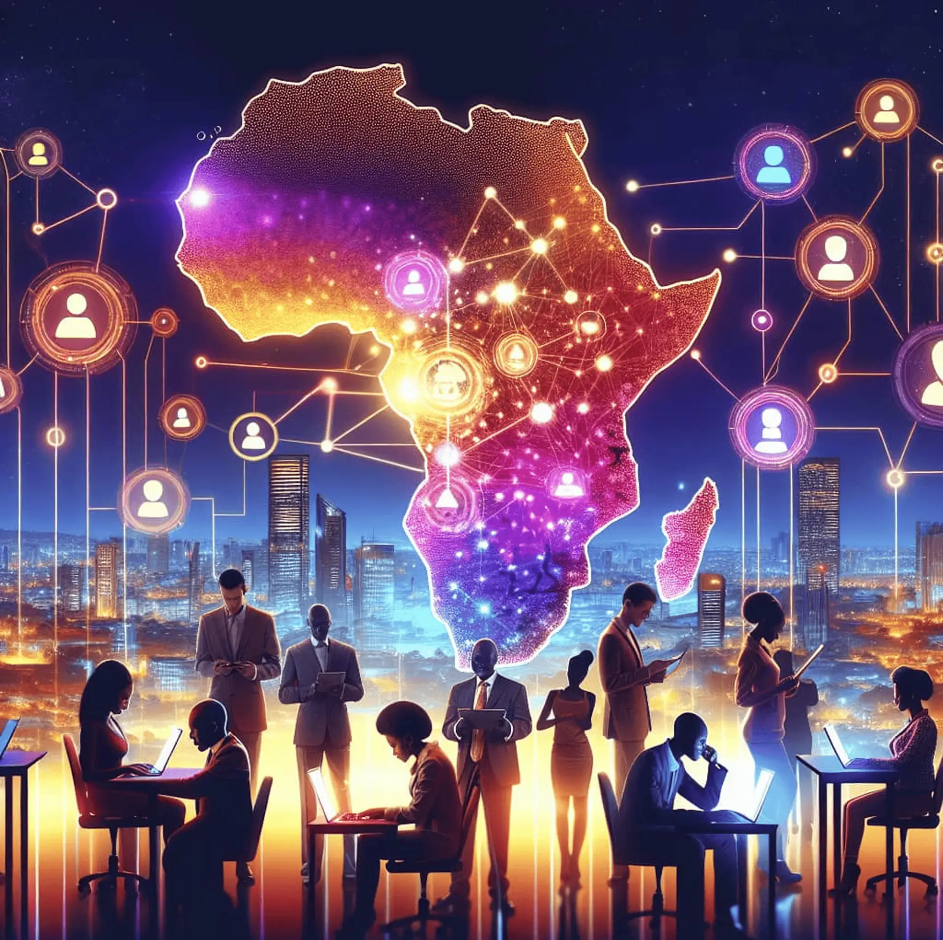 Illustration de jeunes entrepreneurs africains travaillant dans un espace digital moderne, avec une carte de l'Afrique connectée en arrière-plan, représentant la construction de marques africaines fortes d'ici 2030