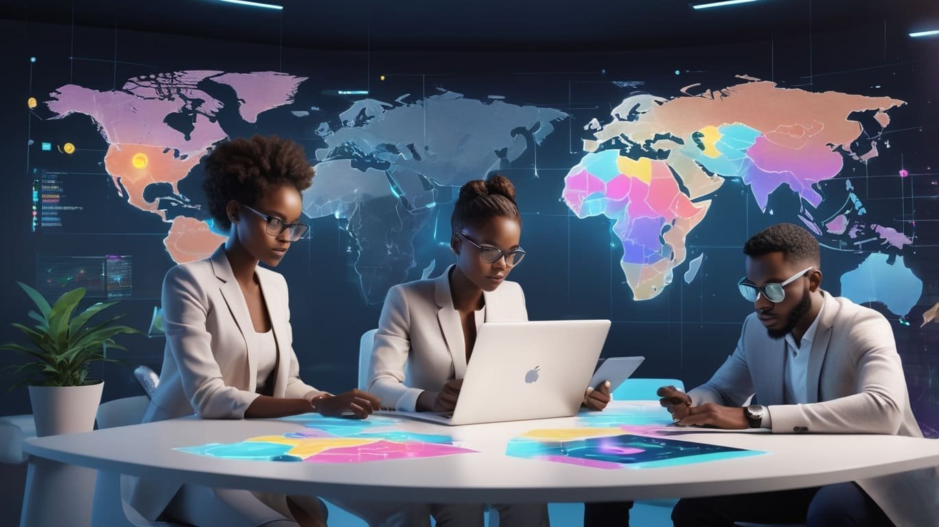 Trois entrepreneurs africains dans un espace de travail numérique collaboratif, utilisant des outils technologiques devant une carte du monde interactive, illustrant la création de marques africaines digitales et ambitieuses